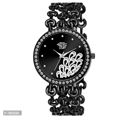 SWADESI STUFF Peacock Feather Analogue Women's Watch (Black Dial Black Colored Strap)