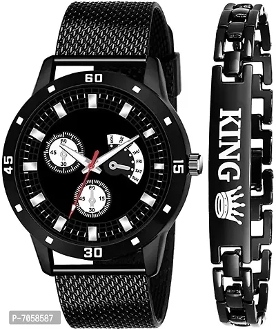 Swadesi Stuff Black Color Combo of Watch  King Bracelet for Men (Black 3)