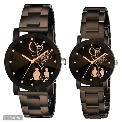 Swadesi Stuff Black Dial Round Shape Stainless Steel Strap Analog Cute Love Couple Watch for Men and Women - Combo of 2