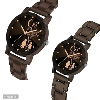 Swadesi Stuff Black Dial Round Shape Stainless Steel Strap Analog Cute Love Couple Watch for Men and Women - Combo of 2-thumb2