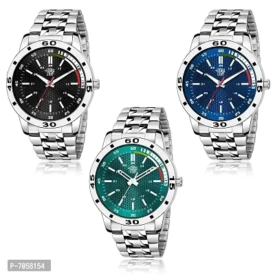 SWADESI STUFF Analogue Men's Watch (Black, Green  Blue Dial Silver Colored Strap) (Pack of 3)-thumb0