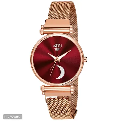 Swadesi Stuff Maroon Dial Moon Stylish Latest Generation Rose Gold Magnet Belt Analog Watch for Women (Red)