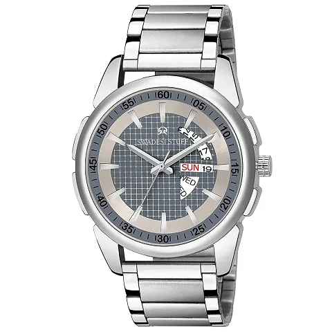 Swadesi Stuff Elegant Dial Round Shape Day Date Functioning Stainless Strap Premium Watch for Men and Boys