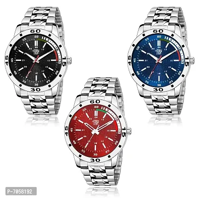 SWADESI STUFF Analogue Men's Watch (Black, Red  Blue Dial Silver Colored Strap) (Pack of 3)