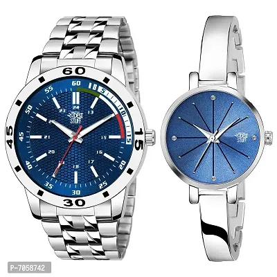 Swadesi Stuff Blue Color Dial Stainless Steel Strap Round Shap Analog Couple Watch for Men and Women - Combo of 2