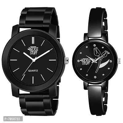 Swadesi Stuff Black Dial Round Shap Elegant Analog Couple Watch for Men and Women - Combo of 2