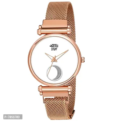 Swadesi Stuff White Dial Moon Stylish Latest Generation Rose Gold Magnet Belt Analog Watch for Women (White)