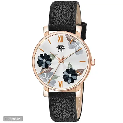 Swadesi Stuff Black Color Flower Dial Premium Leather Strap Analog Watch for Women and Girls-thumb0