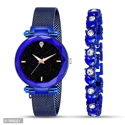 Swadesi Stuff Multi Color Metal Strap Magnet Watch  Diamond Bracelet Combo for Women  Girls (Blue)-thumb0