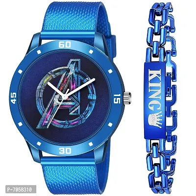 Swadesi Stuff Black Color Combo of Watch  King Bracelet for Men (Blue)