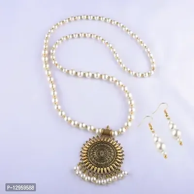 WHITE BEADS LONG NECKLACE SET-thumb0