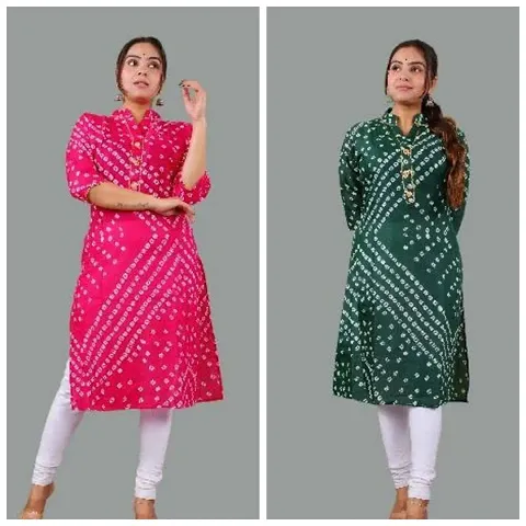 Elegant Bandhani Cotton Straight Kurta For Women-Pack Of 2