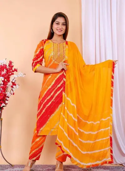 Stylish Cotton Printed Kurta Bottom Dupatta Set