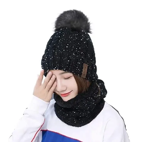 Dressify?Winter Woolen Scarf Cap Thickened Winter Hairball Women Hat Warm Beanie Knitted Pompom Cap with Scarf for Girls Color