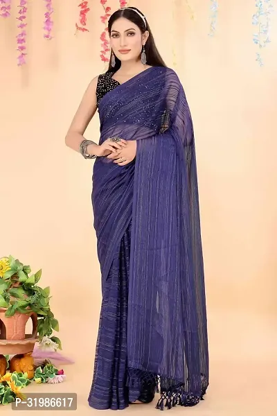 Stylish Navy Blue Chiffon Saree With Blouse Piece For Women-thumb0