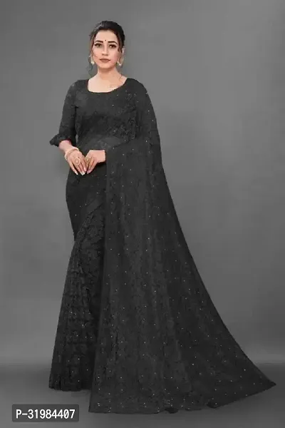 Stylish Black Net Saree With Blouse Piece For Women-thumb0