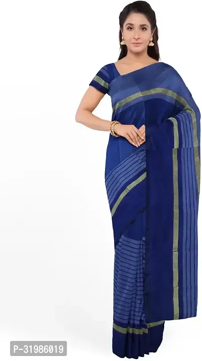 Stylish Blue Cotton Silk Saree With Blouse Piece For Women-thumb0