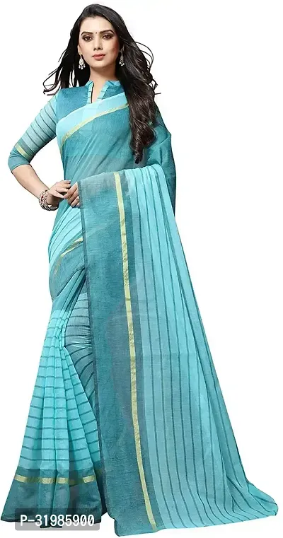 Stylish Blue Cotton Silk Saree With Blouse Piece For Women-thumb0