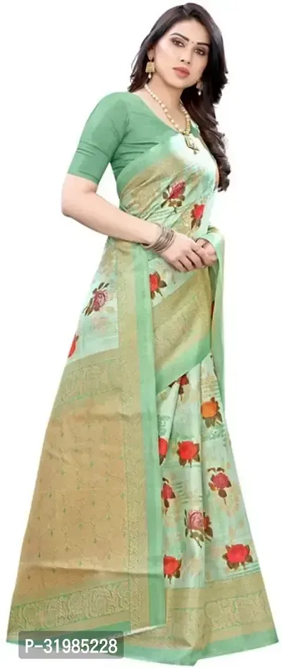 Stylish Green Cotton Silk Saree With Blouse Piece For Women-thumb3