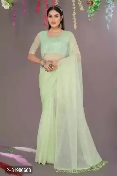 Stylish Green Net Saree With Blouse Piece For Women-thumb0