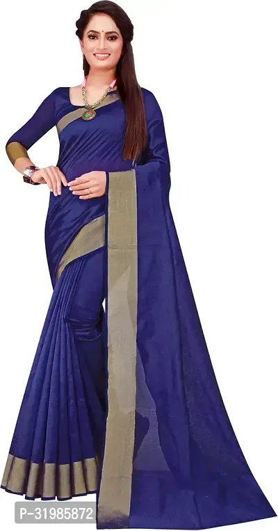 Stylish Blue Cotton Silk Saree With Blouse Piece For Women-thumb0