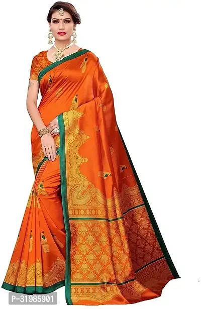 Stylish Orange Cotton Silk Saree With Blouse Piece For Women-thumb0