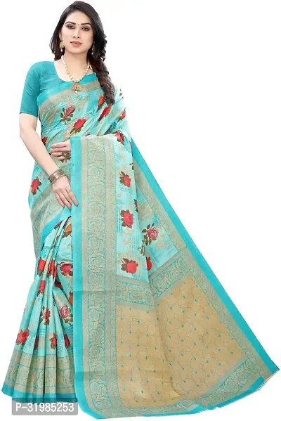 Stylish Turquoise Cotton Silk Saree With Blouse Piece For Women-thumb0