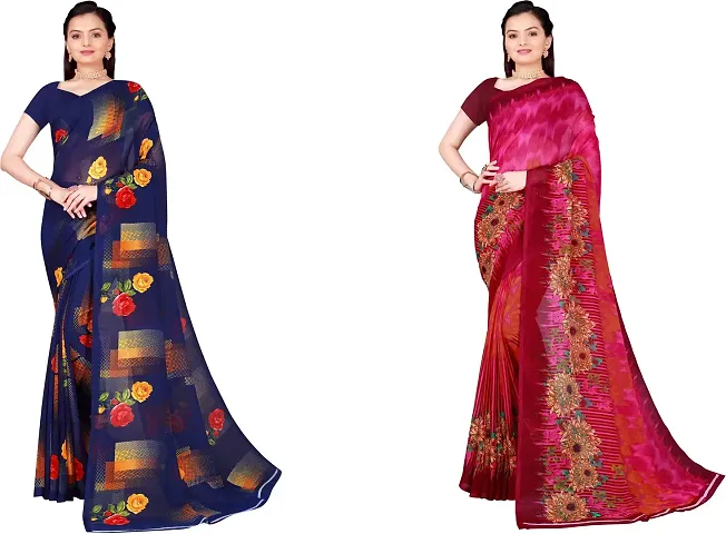 Elegant Floral Print Daily Wear Georgette Women Saree With Blouse Piece -Pack Of 2