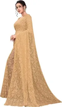 Stylish Beige Net Saree With Blouse Piece For Women-thumb1