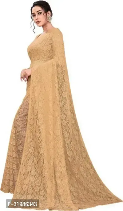 Stylish Beige Net Saree With Blouse Piece For Women-thumb2