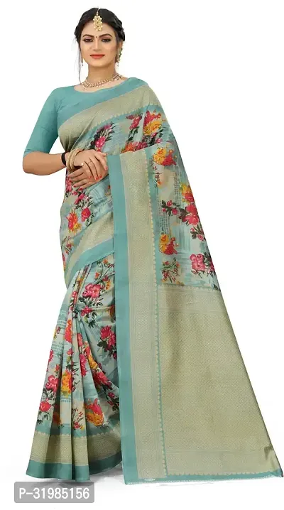 Stylish Green Cotton Silk Saree With Blouse Piece For Women