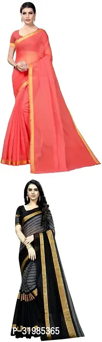 Stylish Black Cotton Silk Saree With Blouse Piece For Women Pack Of 2-thumb0