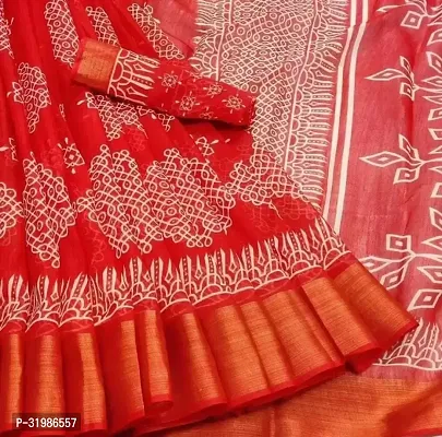 Stylish Red Cotton Silk Saree With Blouse Piece For Women-thumb0