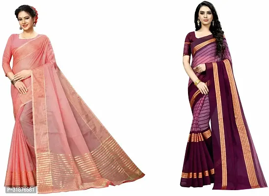 Stylish Multicoloured Cotton Silk Saree With Blouse Piece For Women Pack Of 2-thumb0