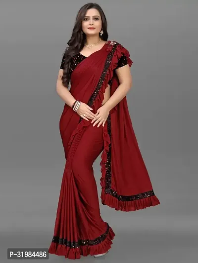 Stylish Maroon Net Saree With Blouse Piece For Women-thumb5