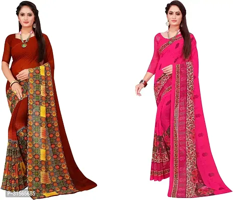 Stylish Georgette Multicoloured Printed Saree with Blouse piece For Women Pack Of 2-thumb0