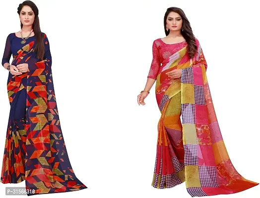 Stylish Georgette Multicoloured Printed Saree With Blouse Piece For Women Pack Of 2-thumb0