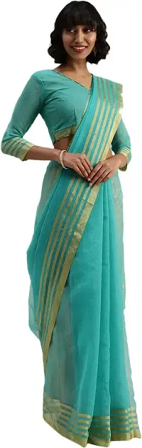 Stylish Turquoise Cotton Silk Saree With Blouse Piece For Women-thumb2