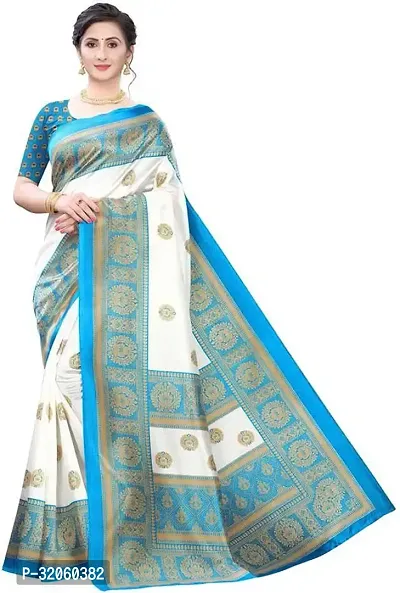 Stylish Art Silk White Printed Saree with Blouse piece For Women-thumb0