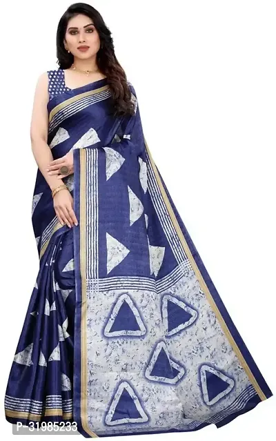 Stylish Navy Blue Cotton Silk Saree With Blouse Piece For Women-thumb0