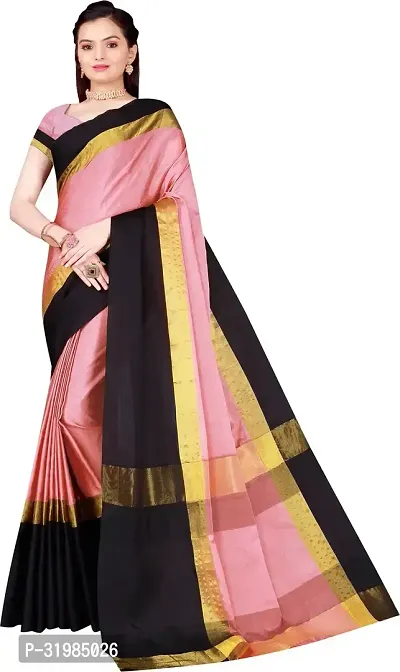 Stylish Peach Cotton Silk Saree With Blouse Piece For Women-thumb0