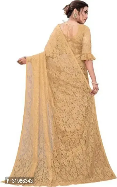 Stylish Beige Net Saree With Blouse Piece For Women-thumb4