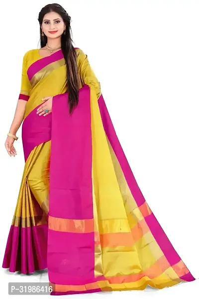 Stylish Yellow Cotton Silk Saree With Blouse Piece For Women-thumb0