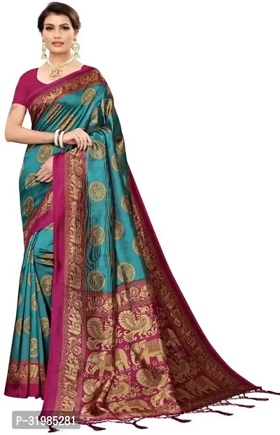 Stylish Teal Art Silk Saree With Blouse Piece For Women