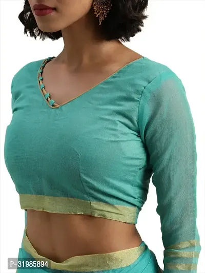 Stylish Turquoise Cotton Silk Saree With Blouse Piece For Women-thumb4