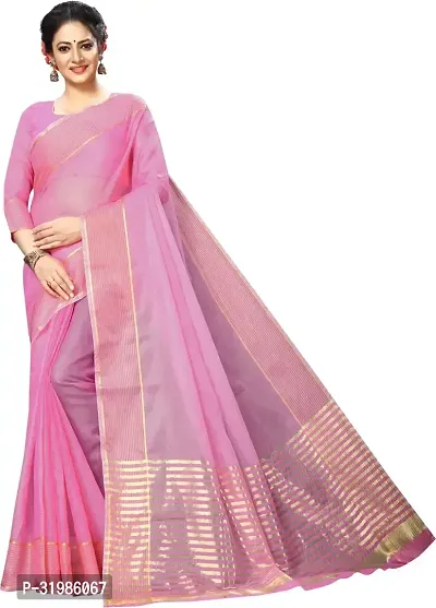 Stylish Pink Cotton Silk Saree With Blouse Piece For Women-thumb0