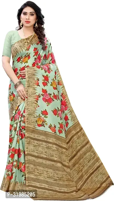 Stylish Green Cotton Silk Saree With Blouse Piece For Women-thumb0