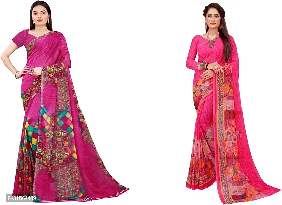 Stylish Georgette Multicoloured Printed Saree with Blouse piece For Women Pack Of 2-thumb0