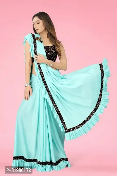 Stylish Turquoise Lycra Saree With Blouse Piece For Women-thumb5