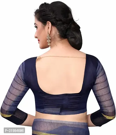 Stylish Navy Blue Cotton Silk Saree With Blouse Piece For Women-thumb5